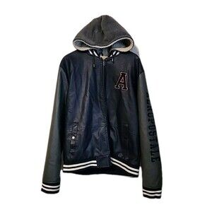 Aeropostale Hoodie Men's Size XL Faux Leather Varsity Sherpa Lined Navy/Gray Y2K